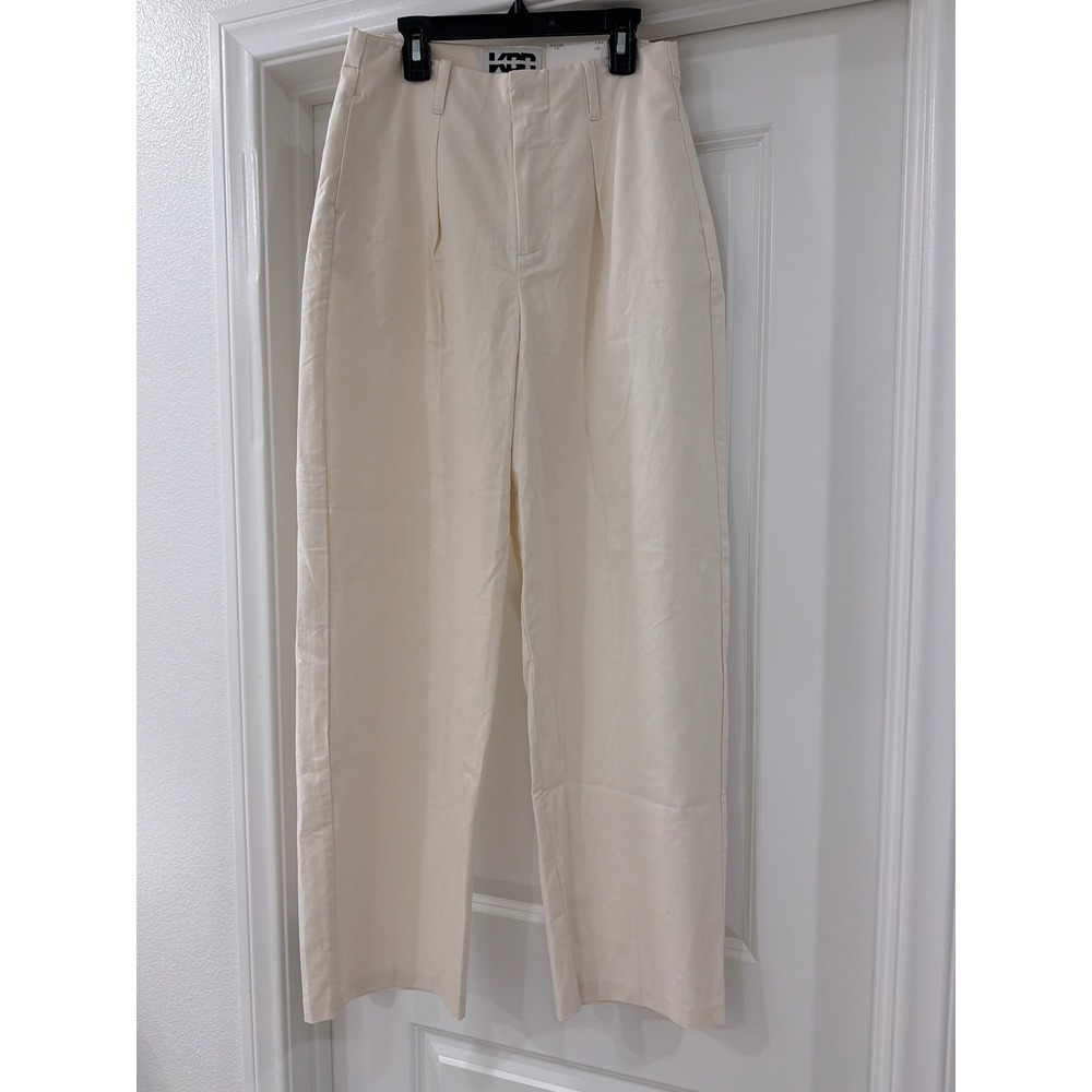 KBB by Kahlana Barrel Leg Pants Women Size 4 Cream High Waisted Cotton Linen NWT